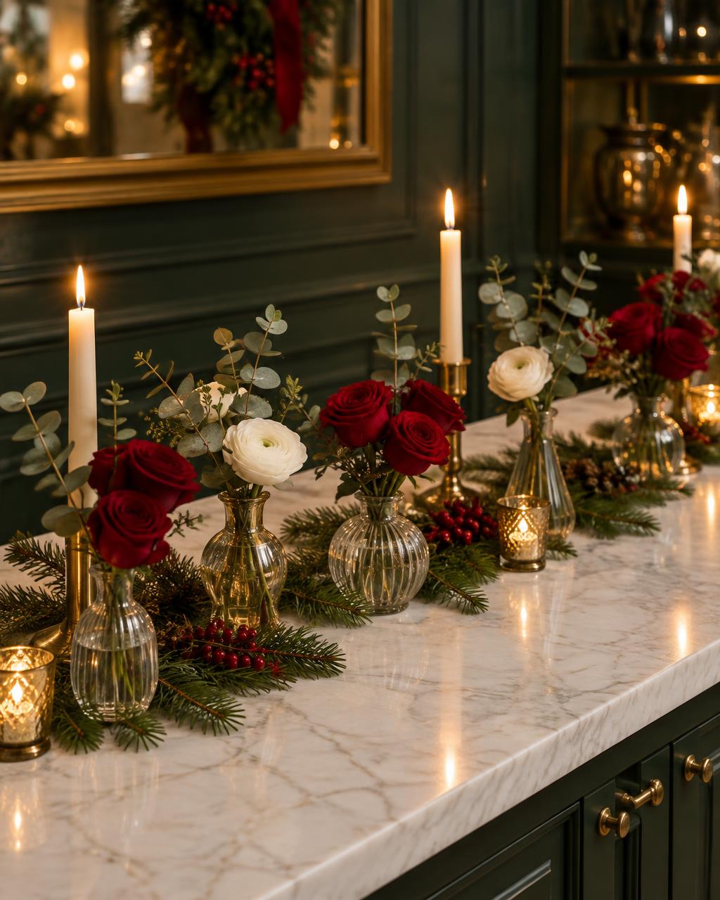 A row of keepsake bud vases holding red roses and white ranunculus among evergreen sprigs and lit candles