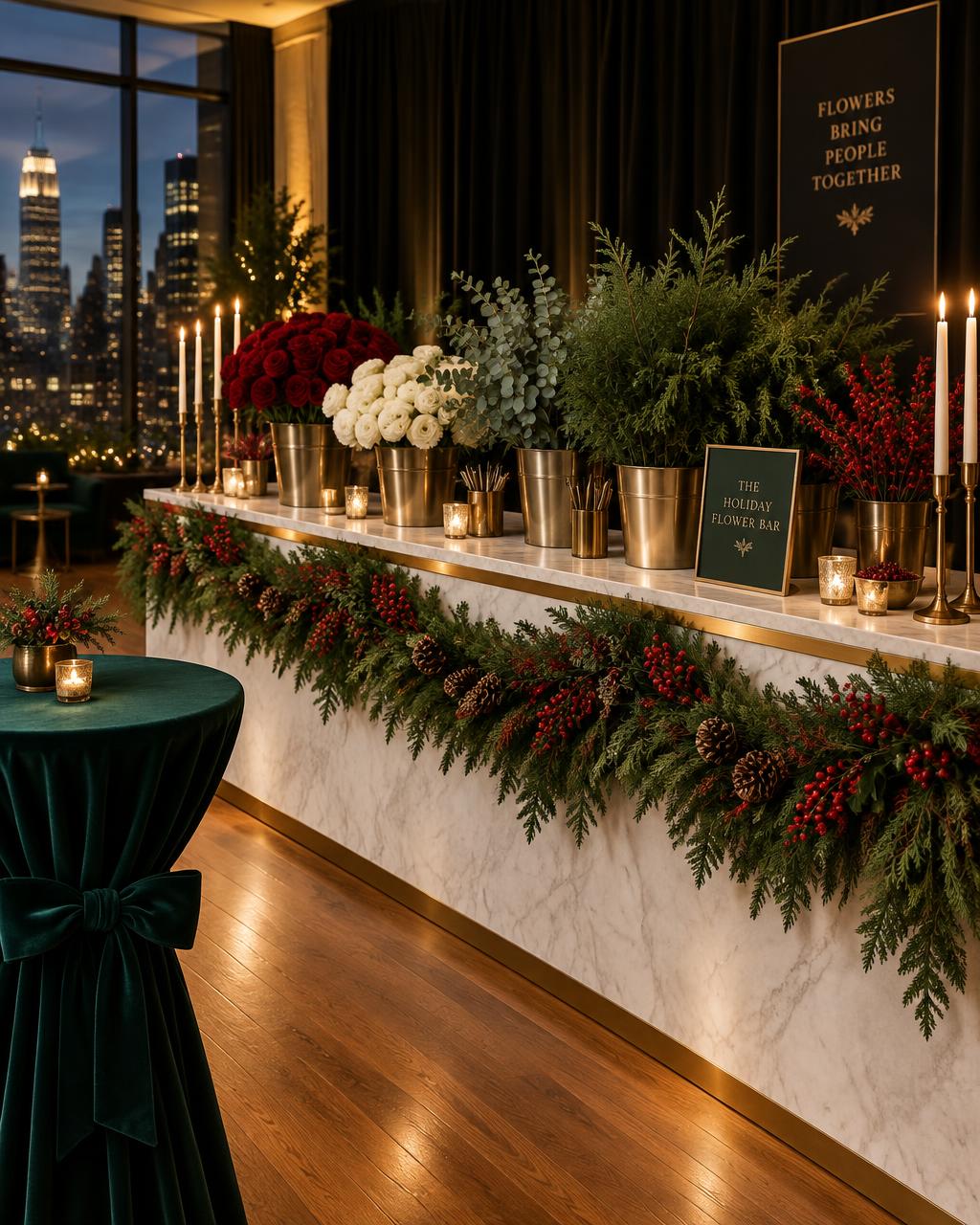 A marble flower bar lined with gold buckets of red and cream flowers, evergreen garland with red berries and lit taper candles
