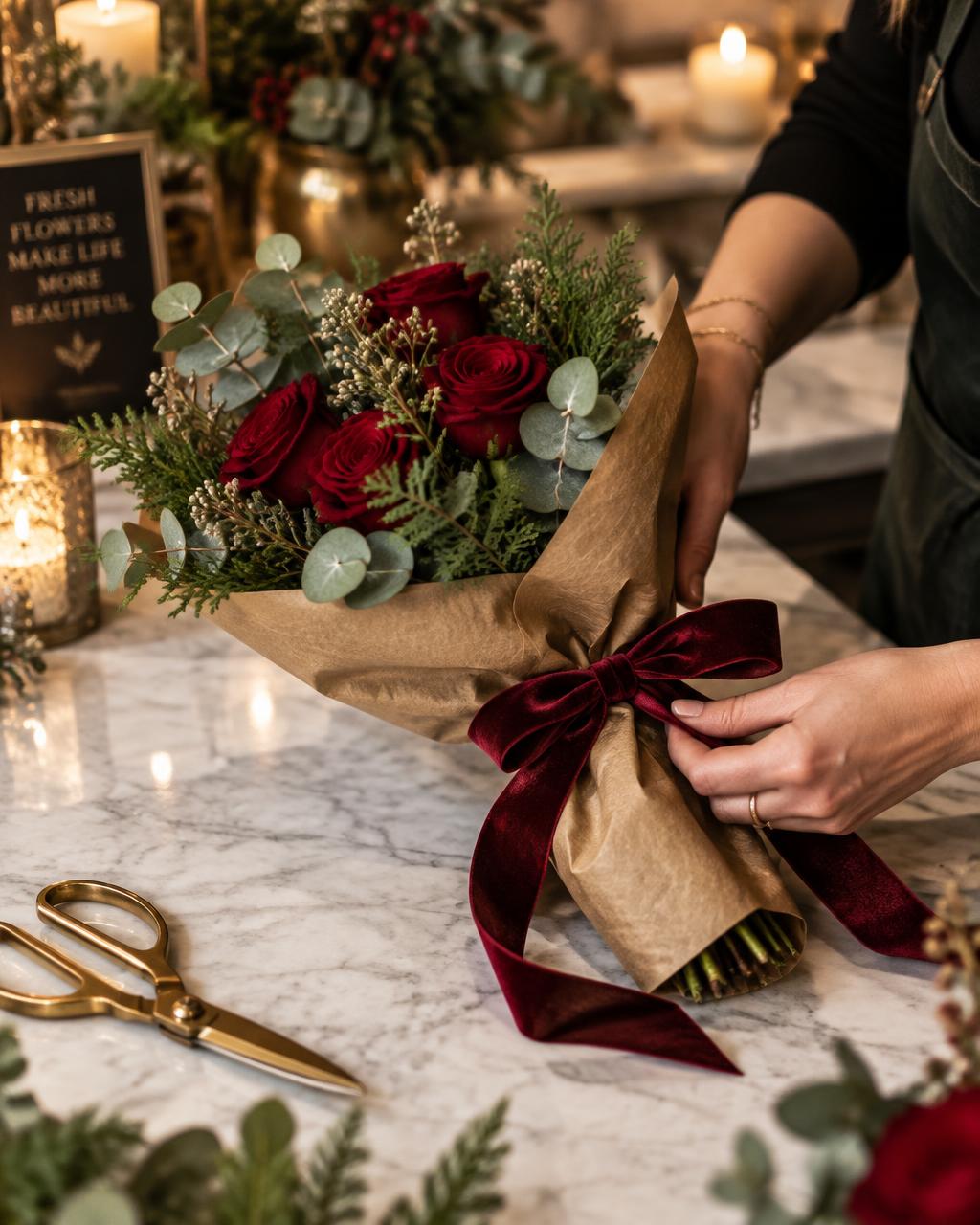 A florist wrapping a bouquet of red roses and eucalyptus in kraft paper with a burgundy velvet ribbon